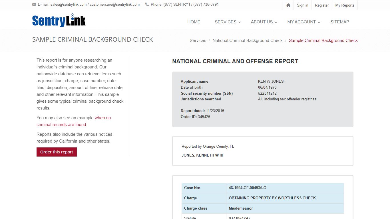 Sample Criminal Background Check - SentryLink